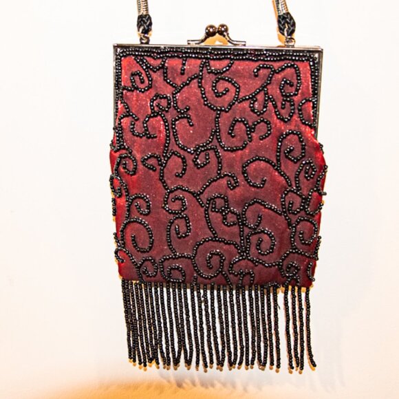 Lancome Evening Cross Body or clutch bag  Red with black beading - Picture 1 of 4